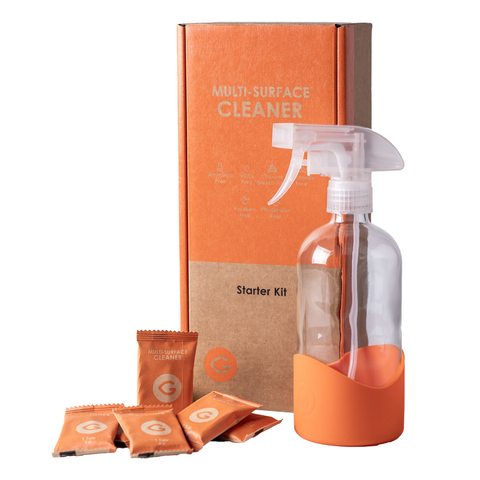 Multi-Surface Cleaner Starter Kit | Refillable Glass Spray Bottle + 6 Water-Soluble Tabs
