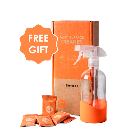 Multi-Surface Cleaner Starter Kit | Refillable Glass Spray Bottle + 6 Water-Soluble Tabs